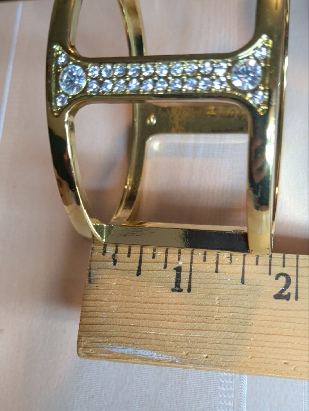 Vintage 80s Gold & Crystal Bracelet Wide Clamper Open Cuff Elegant - Picture 7 of 8